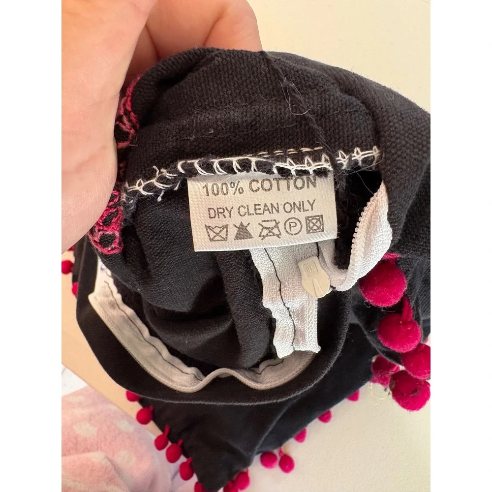 Tesoros Handmade India Cotton Dog Pillow Cover Pink‎ Pom Pom Trim Black